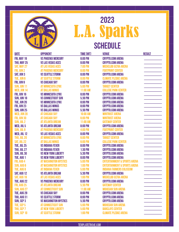 Printable2023 Los Angeles Sparks Basketball Schedule
