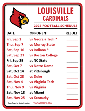 Louisville Cardinals Football 2023 Printable Schedule  - Style 2