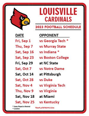 Louisville Cardinals Football 2023 Printable Schedule