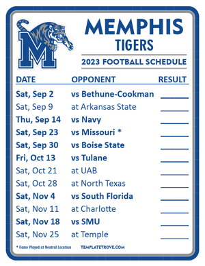 Memphis Tigers Football 2023 Printable Schedule  - Style 2
