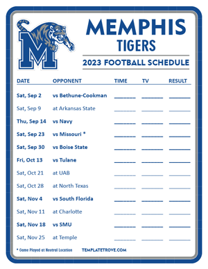 Memphis Tigers Football 2023 Printable Schedule - Style 3