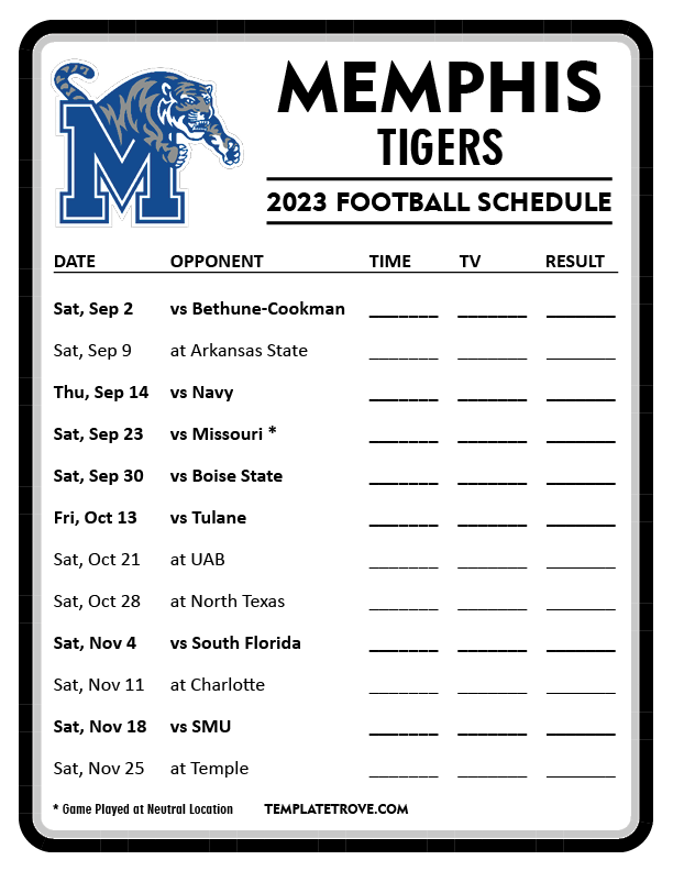 Printable 2023 Memphis Tigers Football Schedule