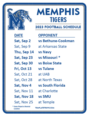 Memphis Tigers Football 2023 Printable Schedule