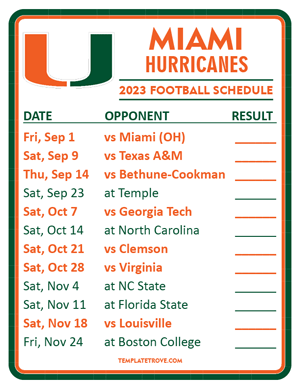 Miami Hurricanes Football 2023 Printable Schedule  - Style 2