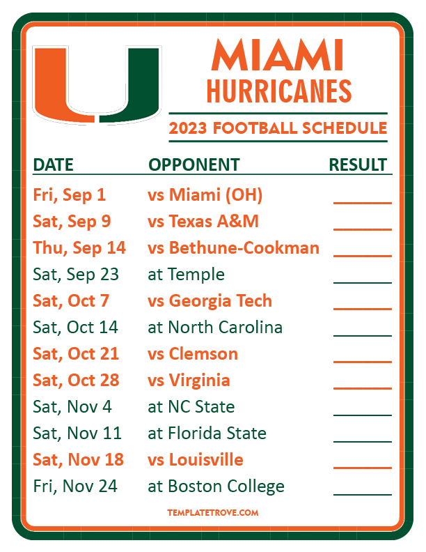 Printable 2023 Miami Hurricanes Football Schedule