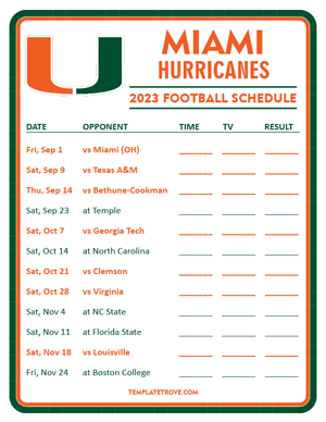 Miami Hurricanes Football 2023 Printable Schedule - Style 3