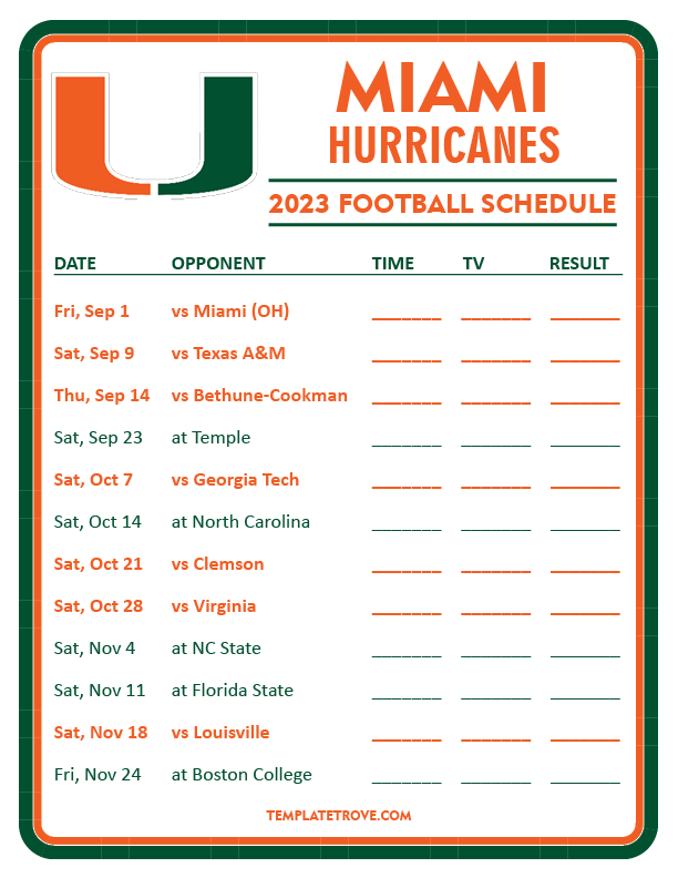 Miami Hurricanes Football Schedule Printable