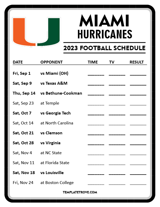 Printable 2023 Miami Hurricanes Football Schedule 4 