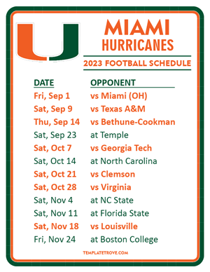 Miami Hurricanes Football 2023 Printable Schedule