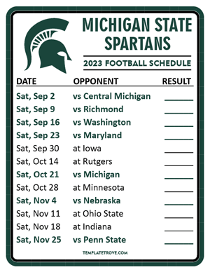 Michigan State Spartans Football 2023 Printable Schedule  - Style 2