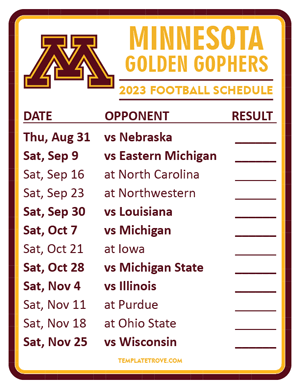 Minnesota Golden Gophers Football 2023 Printable Schedule  - Style 2