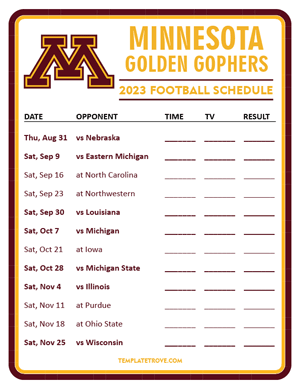 Minnesota Golden Gophers Football 2023 Printable Schedule - Style 3