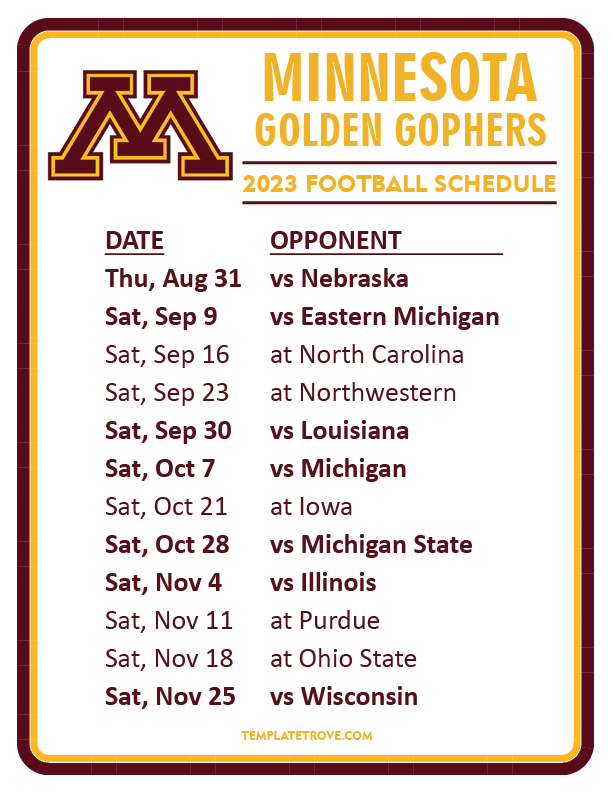 Printable 2023 Minnesota Golden Gophers Football Schedule