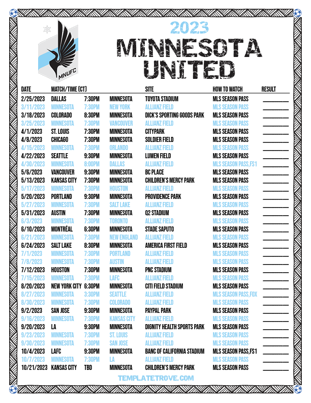 Printable 2023 Minnesota United Soccer Schedule CT 