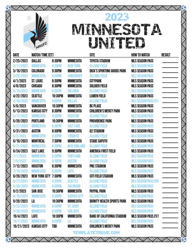 Printable 2023 Minnesota United Soccer Schedule 