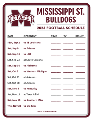 Mississippi State Bulldogs Football 2023 Printable Schedule - Style 3