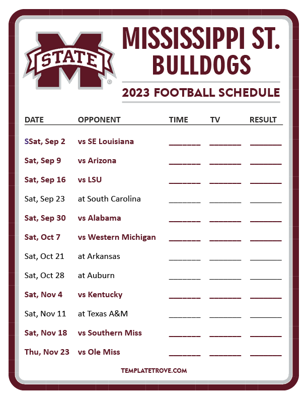 Printable 2023 Mississippi State Bulldogs Football Schedule