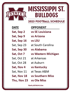 Mississippi State Bulldogs Football 2023 Printable Schedule
