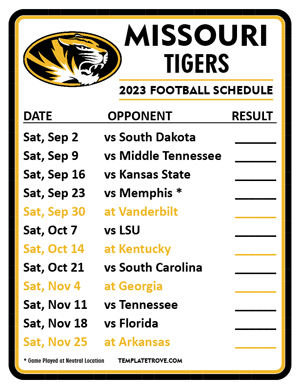 Missouri Tigers Football 2023 Printable Schedule  - Style 2