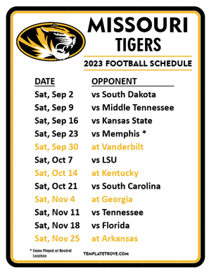 Missouri Tigers Football 2023 Printable Schedule