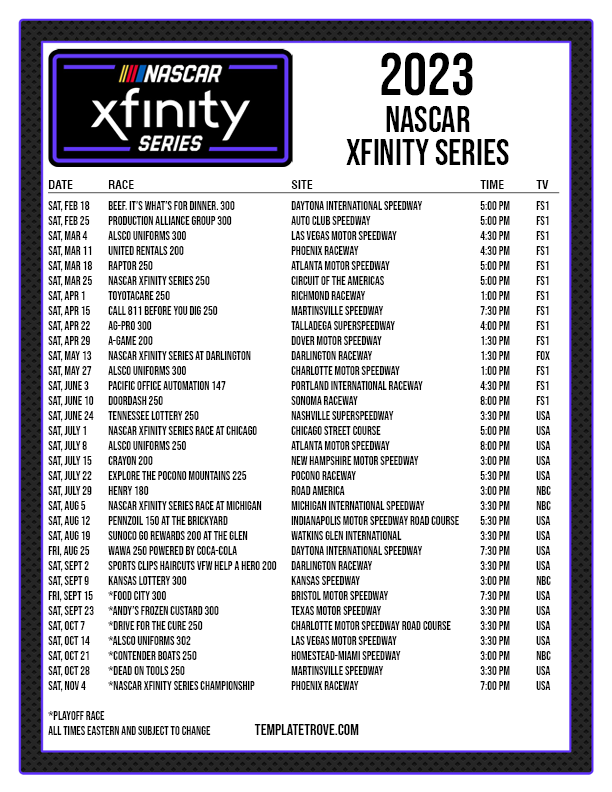 Printable 2023 NASCAR Xfinity Series Schedule PNG 