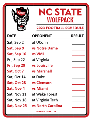 NC State Wolfpack Football 2023 Printable Schedule  - Style 2