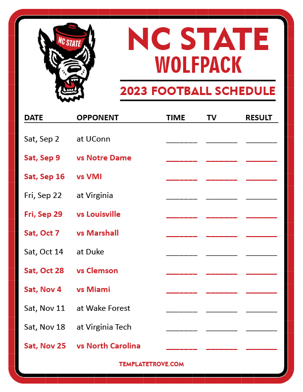 Printable 2023 NC State Wolfpack Football Schedule