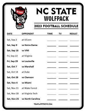 NC State Wolfpack Football 2023 Printable Schedule - Style 4