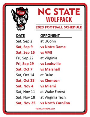 NC State Wolfpack Football 2023 Printable Schedule