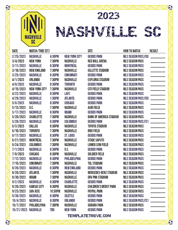 Printable2023 Nashville SC Soccer Schedule