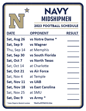 Navy Midshipmen Football 2023 Printable Schedule  - Style 2