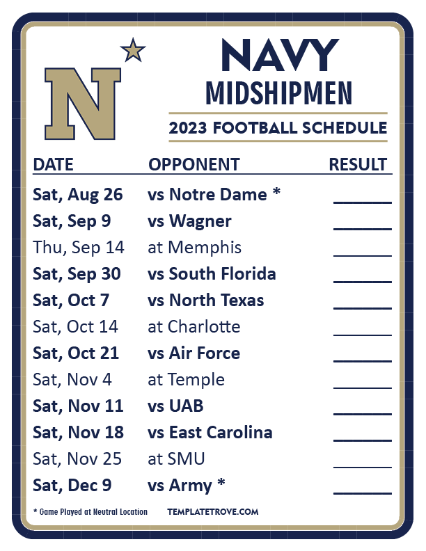 Printable 2023 Navy Midshipmen Football Schedule