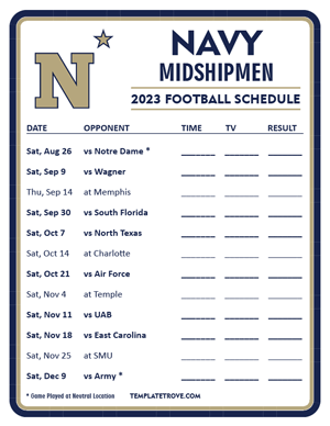 Navy Midshipmen Football 2023 Printable Schedule - Style 3