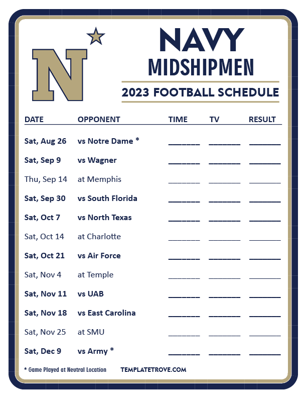 Printable 2023 Navy Midshipmen Football Schedule