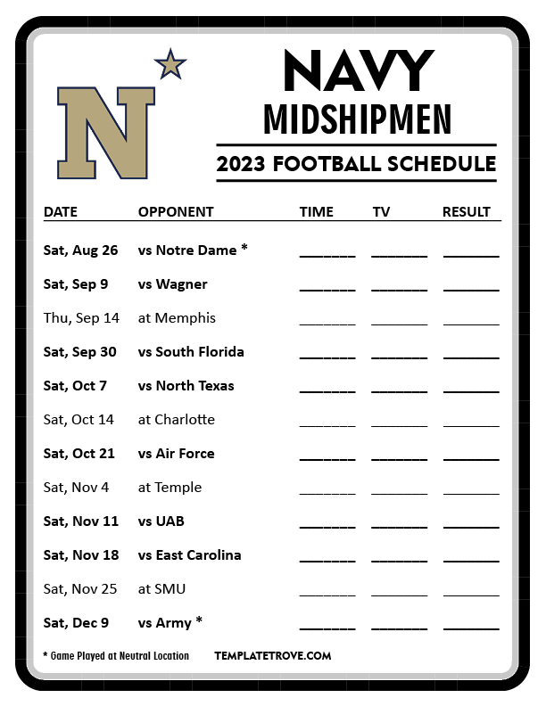 Printable 2023 Navy Midshipmen Football Schedule