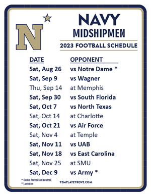 Navy Midshipmen Football 2023 Printable Schedule