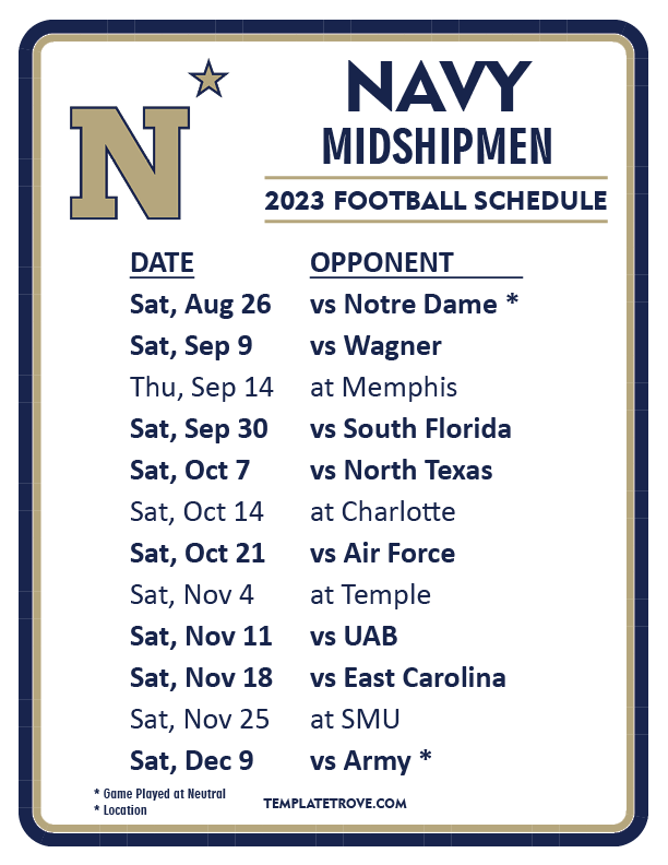 Printable 2023 Navy Midshipmen Football Schedule