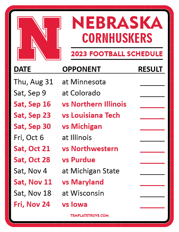 Printable 2023 Nebraska Cornhuskers Football Schedule