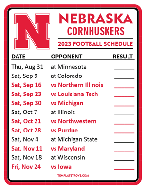 Nebraska Cornhuskers Football 2023 Printable Schedule  - Style 2