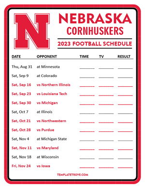 Nebraska Cornhuskers Football 2023 Printable Schedule - Style 3
