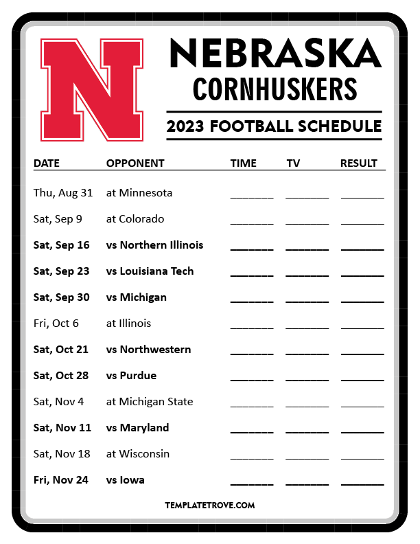 Printable 2023 Nebraska Cornhuskers Football Schedule