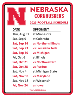 Nebraska Cornhuskers Football 2023 Printable Schedule
