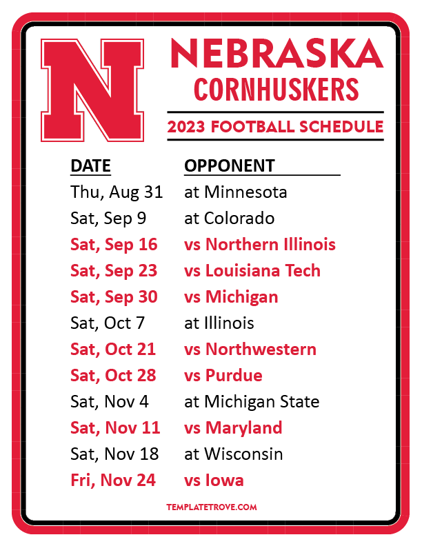 Printable 2023 Nebraska Cornhuskers Football Schedule