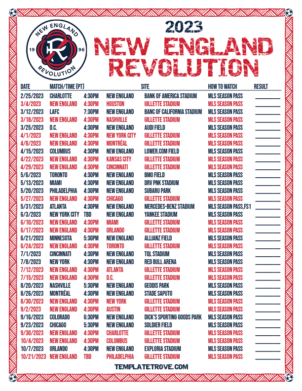 Printable2023 New England Revolution Soccer Schedule