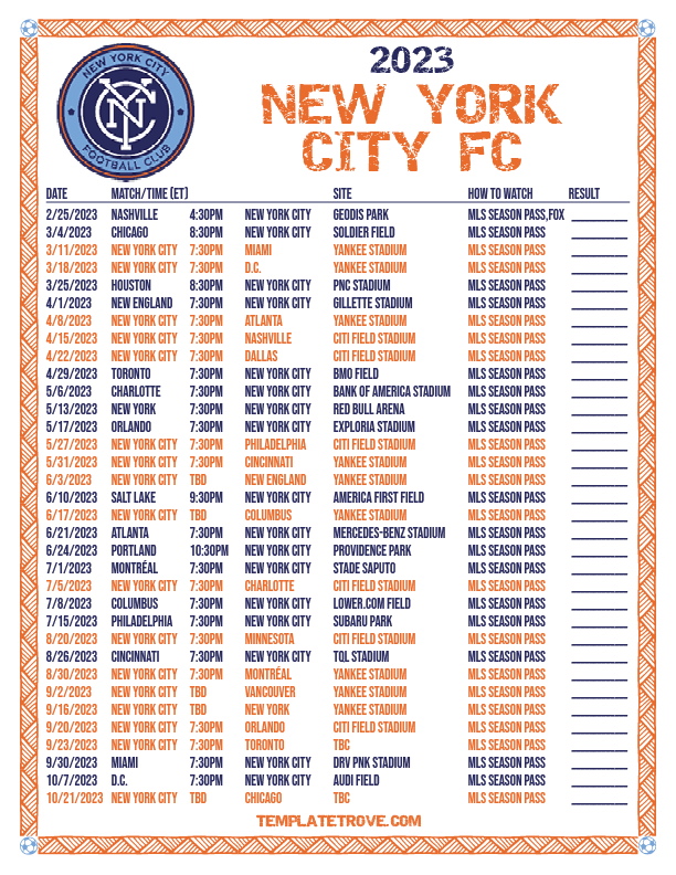 Printable2023 New York City FC Soccer Schedule