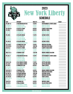 New York Liberty 2023 Printable Basketball Schedule