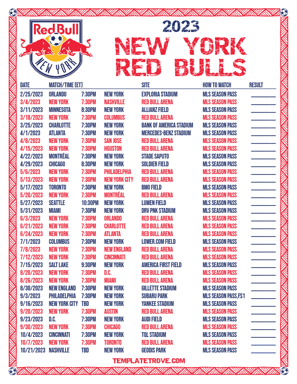 Printable2023 New York Red Bulls Soccer Schedule