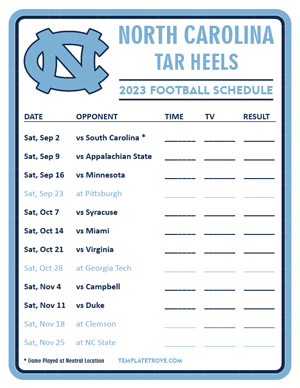 North Carolina Tar Heels Football 2023 Printable Schedule - Style 3