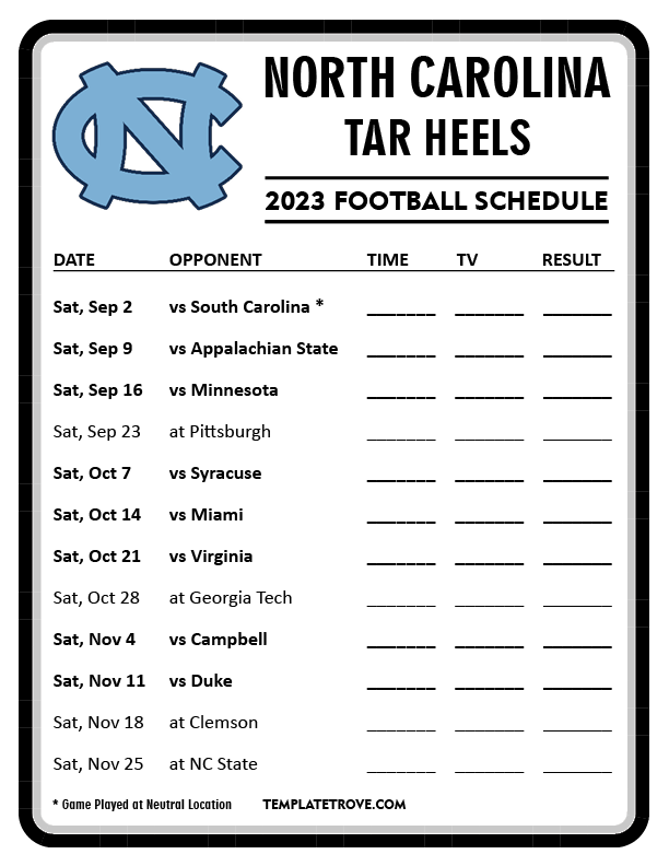 Printable 2023 North Carolina Tar Heels Football Schedule