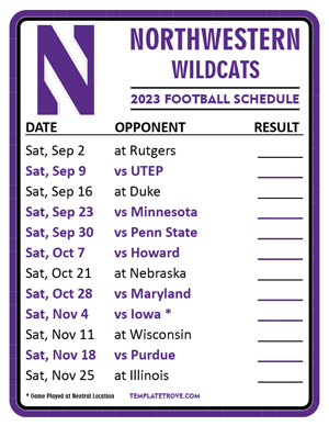 Northwestern Wildcats Football 2023 Printable Schedule  - Style 2